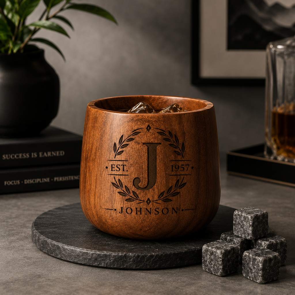 Personalized Wooden Whiskey Glass Set with Engraved Gift Box & Whiskey Stones, Custom Bourbon Cup Gift for Men, Dad, Husband
