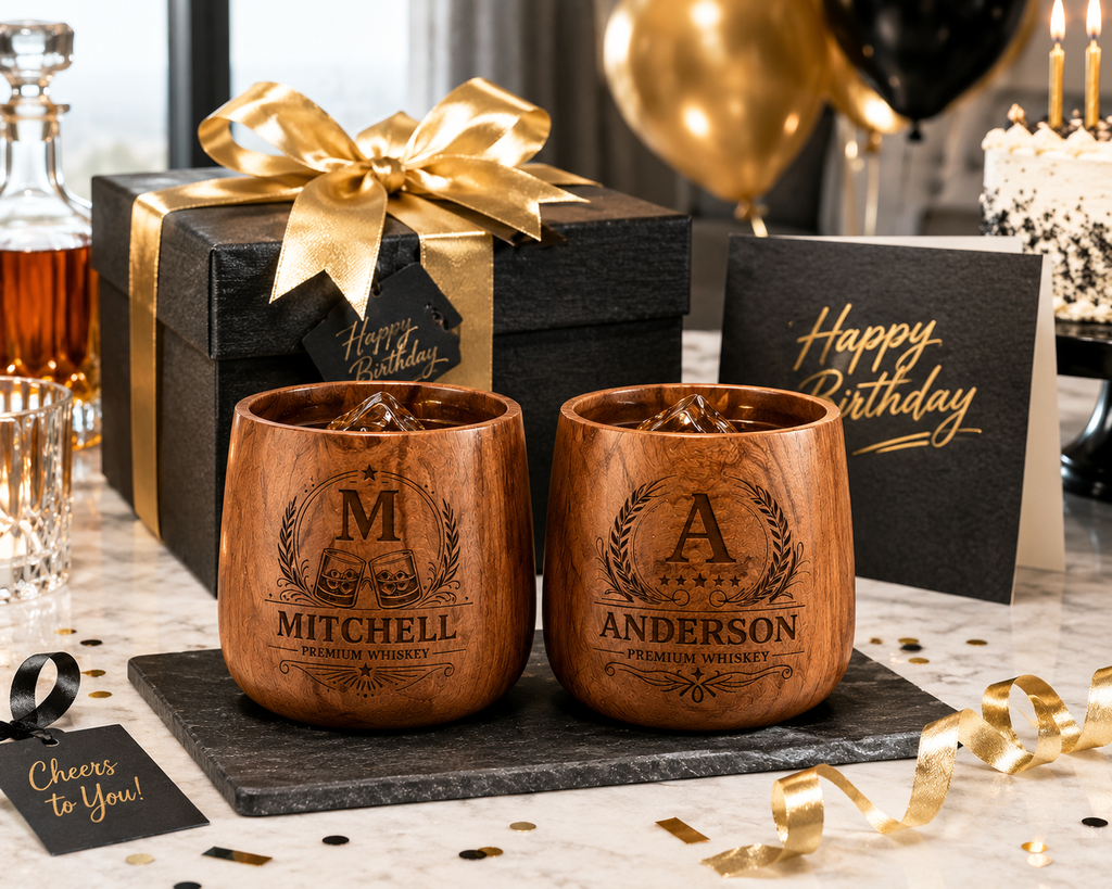 Personalized Wooden Whiskey Glass Set with Engraved Gift Box & Whiskey Stones, Custom Bourbon Cup Gift for Men, Dad, Husband