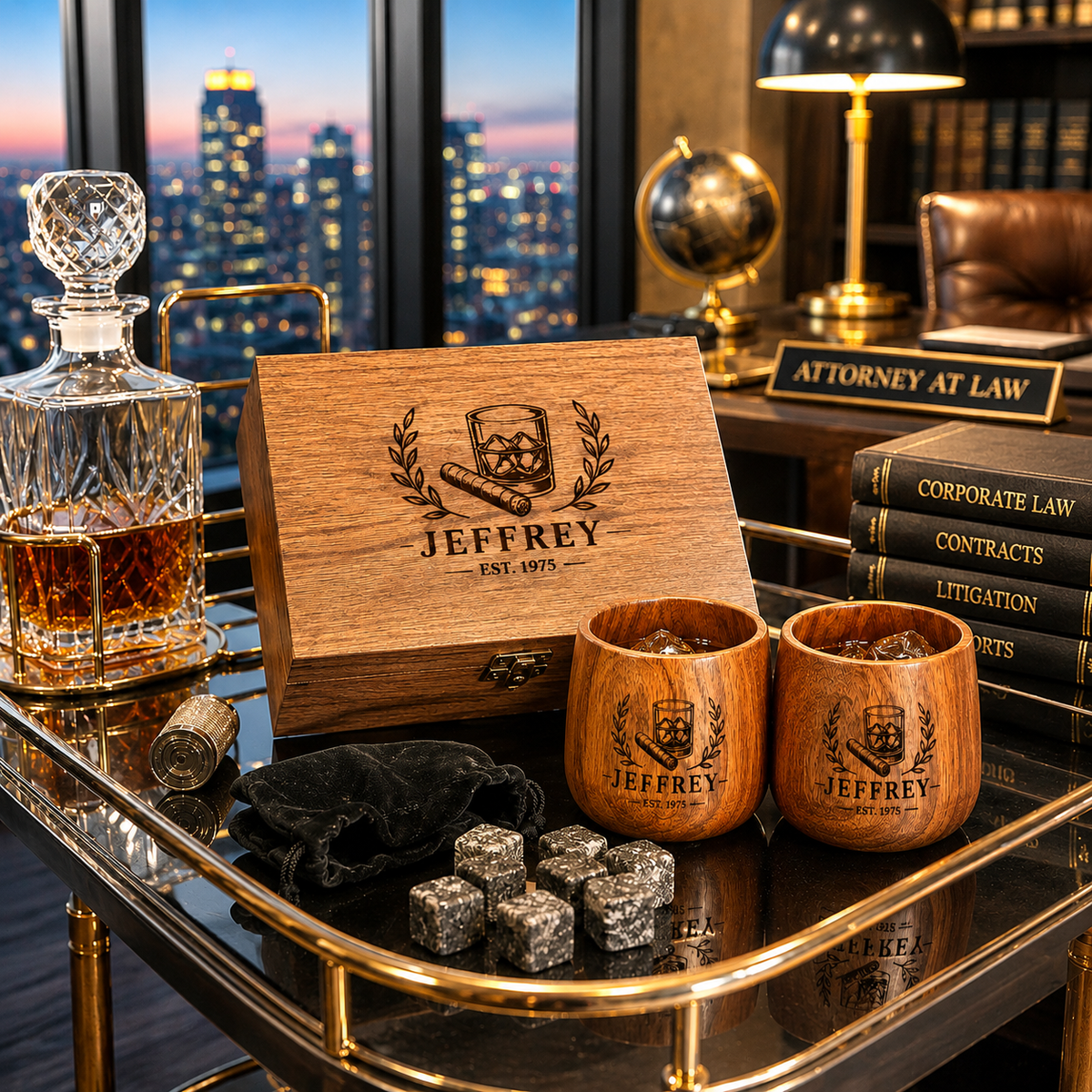 Personalized Wooden Whiskey Glass Set with Engraved Gift Box & Whiskey Stones, Custom Bourbon Cup Gift for Men, Dad, Husband