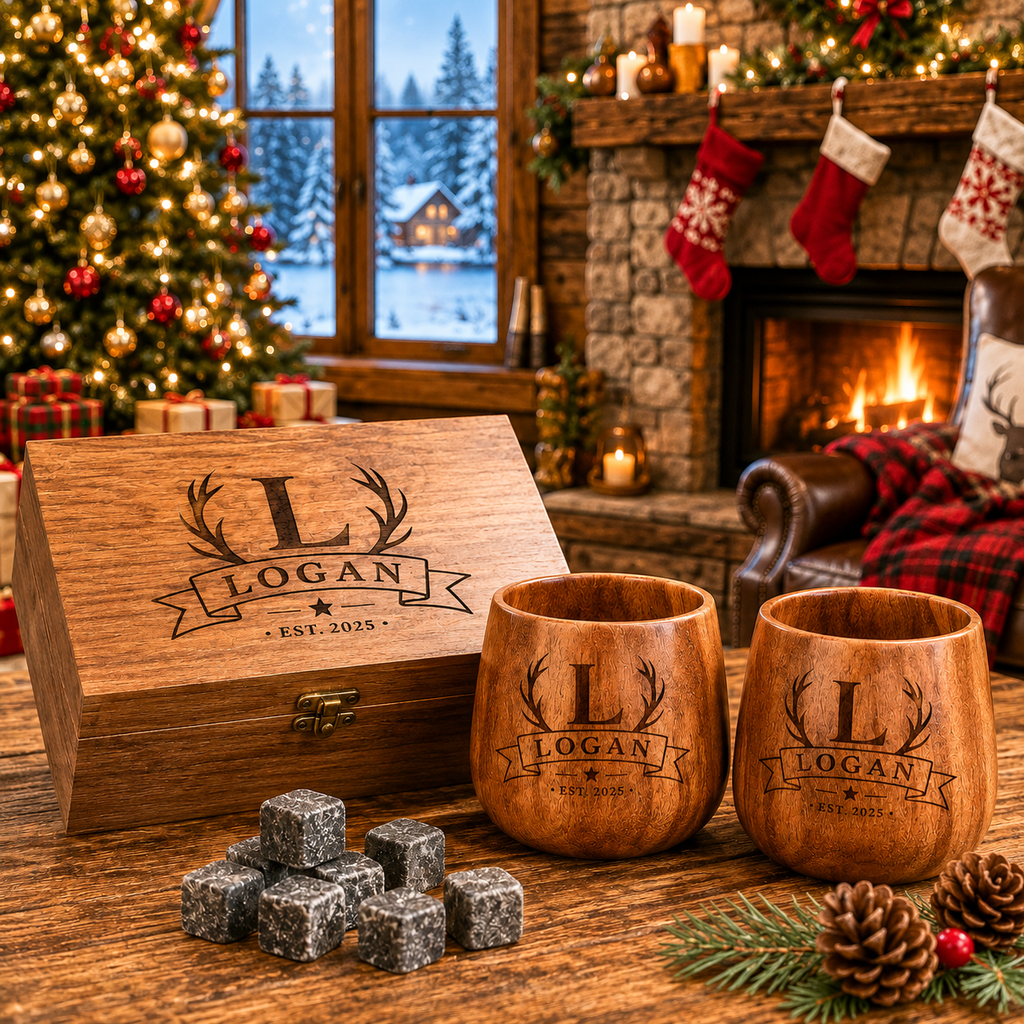 Personalized Wooden Whiskey Glass Set with Engraved Gift Box & Whiskey Stones, Custom Bourbon Cup Gift for Men, Dad, Husband