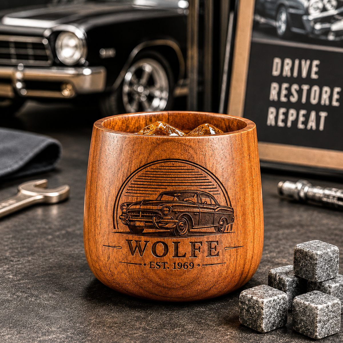 Personalized Wooden Whiskey Glass Set with Engraved Gift Box & Whiskey Stones, Custom Bourbon Cup Gift for Men, Dad, Husband