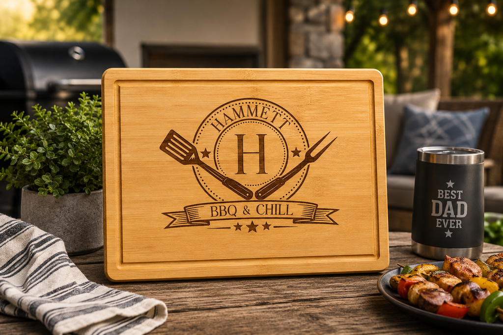 Personalized Rubberwood Cutting Board, Custom Engraved BBQ Grill Board, Grill Master Gift for Dad, Father’s Day & Housewarming Gift