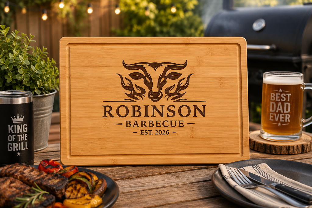 Personalized Rubberwood Cutting Board, Custom Engraved BBQ Grill Board, Grill Master Gift for Dad, Father’s Day & Housewarming Gift