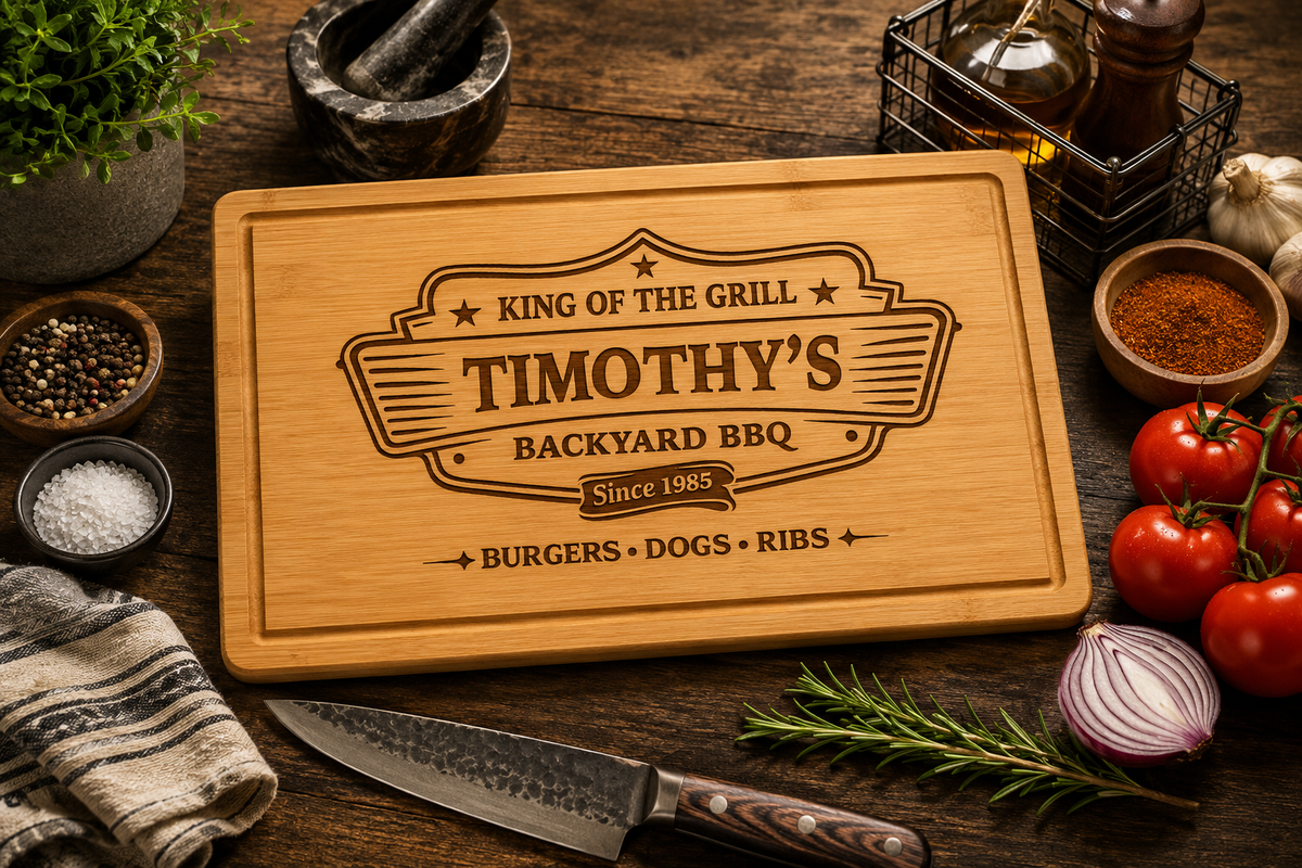 Personalized Rubberwood Cutting Board, Custom Engraved BBQ Grill Board, Grill Master Gift for Dad, Father’s Day & Housewarming Gift