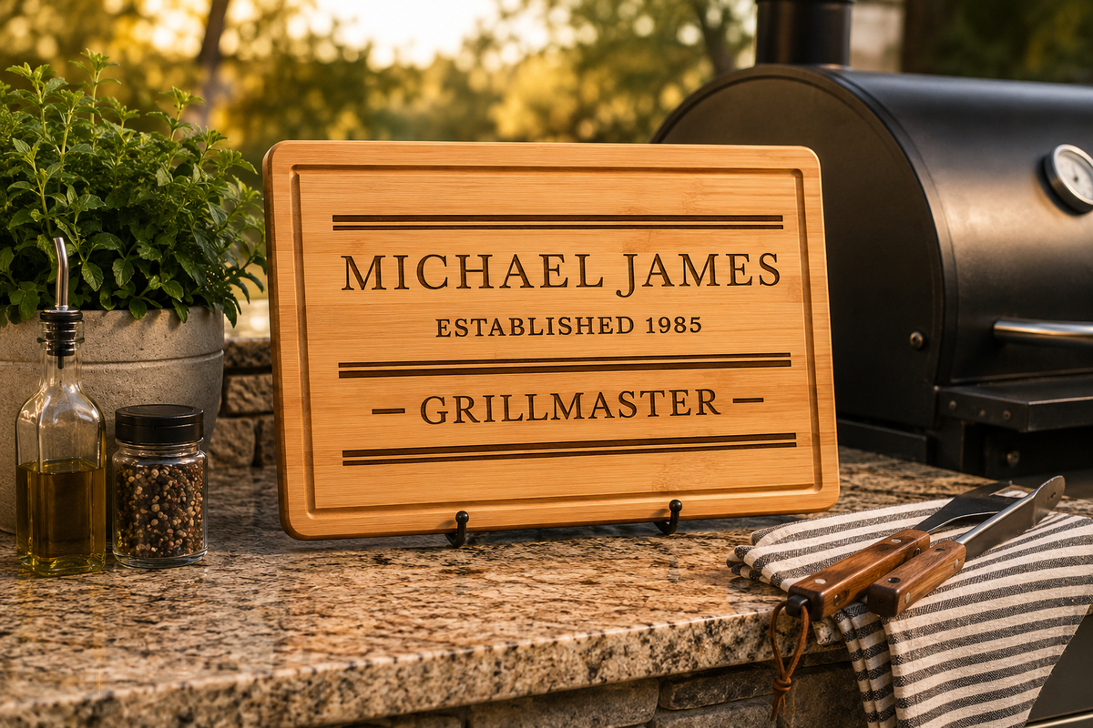 Personalized Rubberwood Cutting Board, Custom Engraved BBQ Grill Board, Grill Master Gift for Dad, Father’s Day & Housewarming Gift