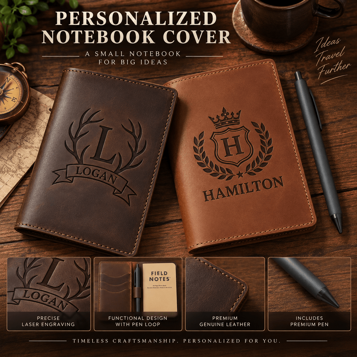 Personalized Leather Notebook Cover with Name, Custom Engraved Journal, Refillable Pocket Notebook, Gift for Him, Dad, Groomsmen