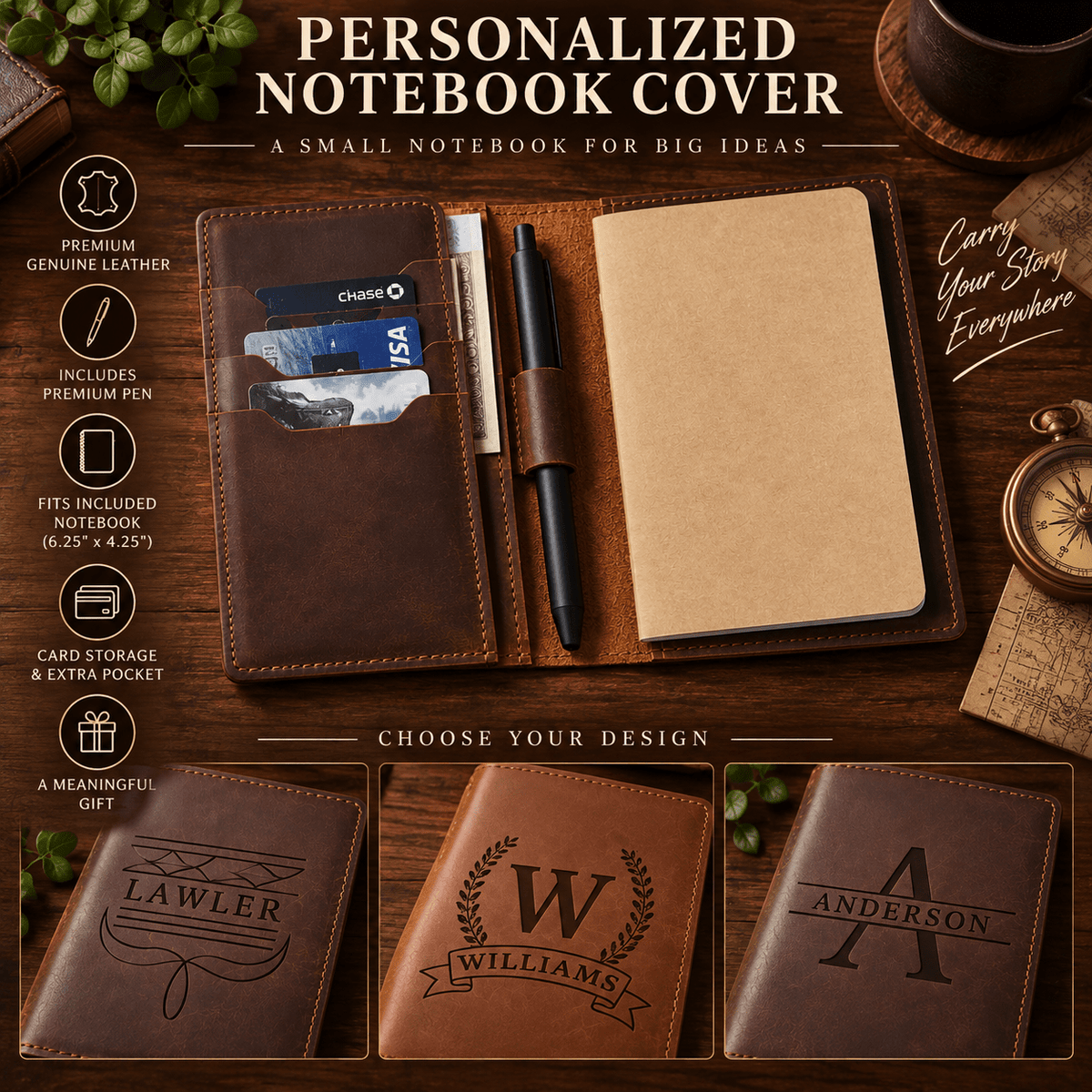 Personalized Leather Notebook Cover with Name, Custom Engraved Journal, Refillable Pocket Notebook, Gift for Him, Dad, Groomsmen