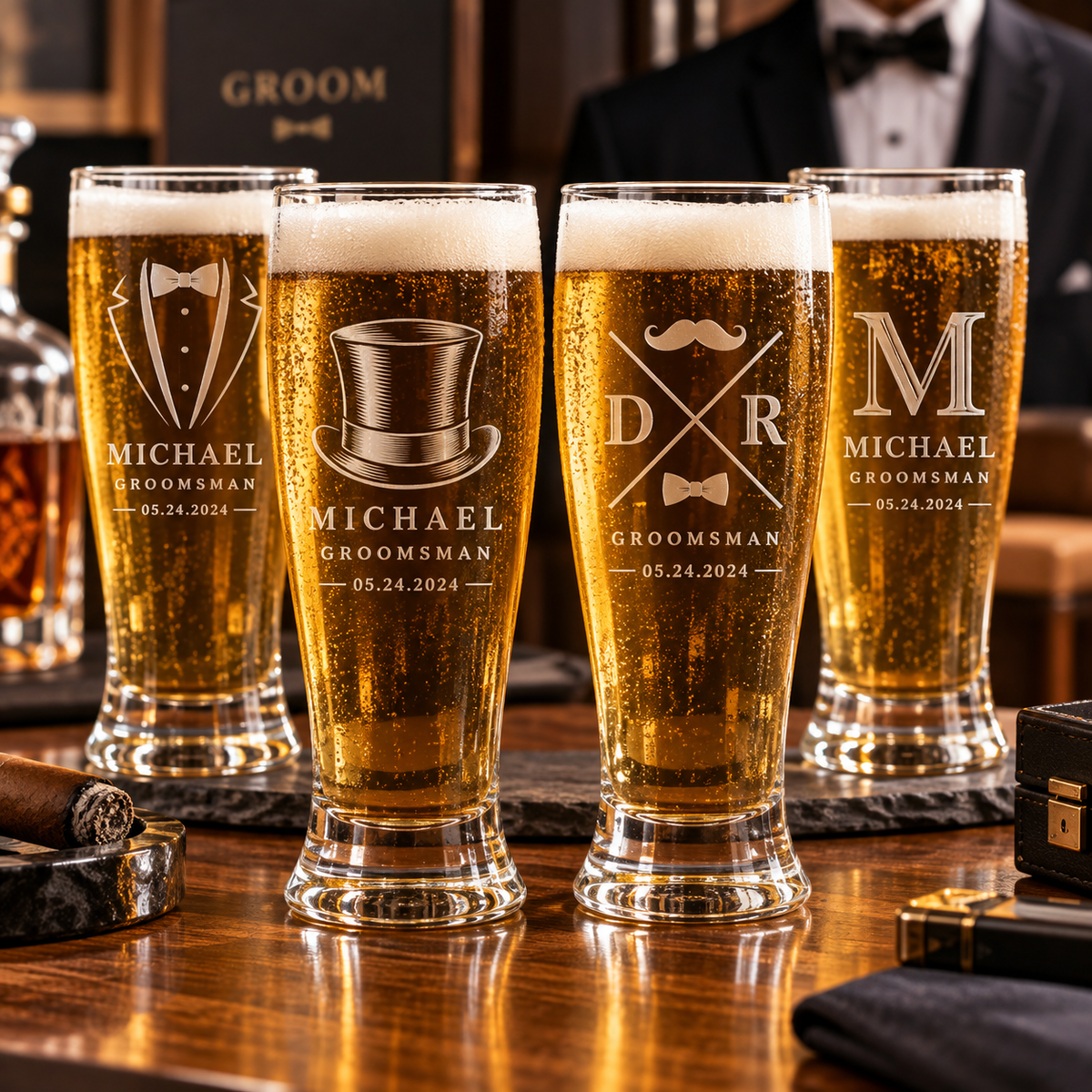 Personalized Groomsmen Gift Set, Engraved Pilsner Beer Glass, Custom Wood Gift Box & Bottle Opener, Best Man Wedding Gift