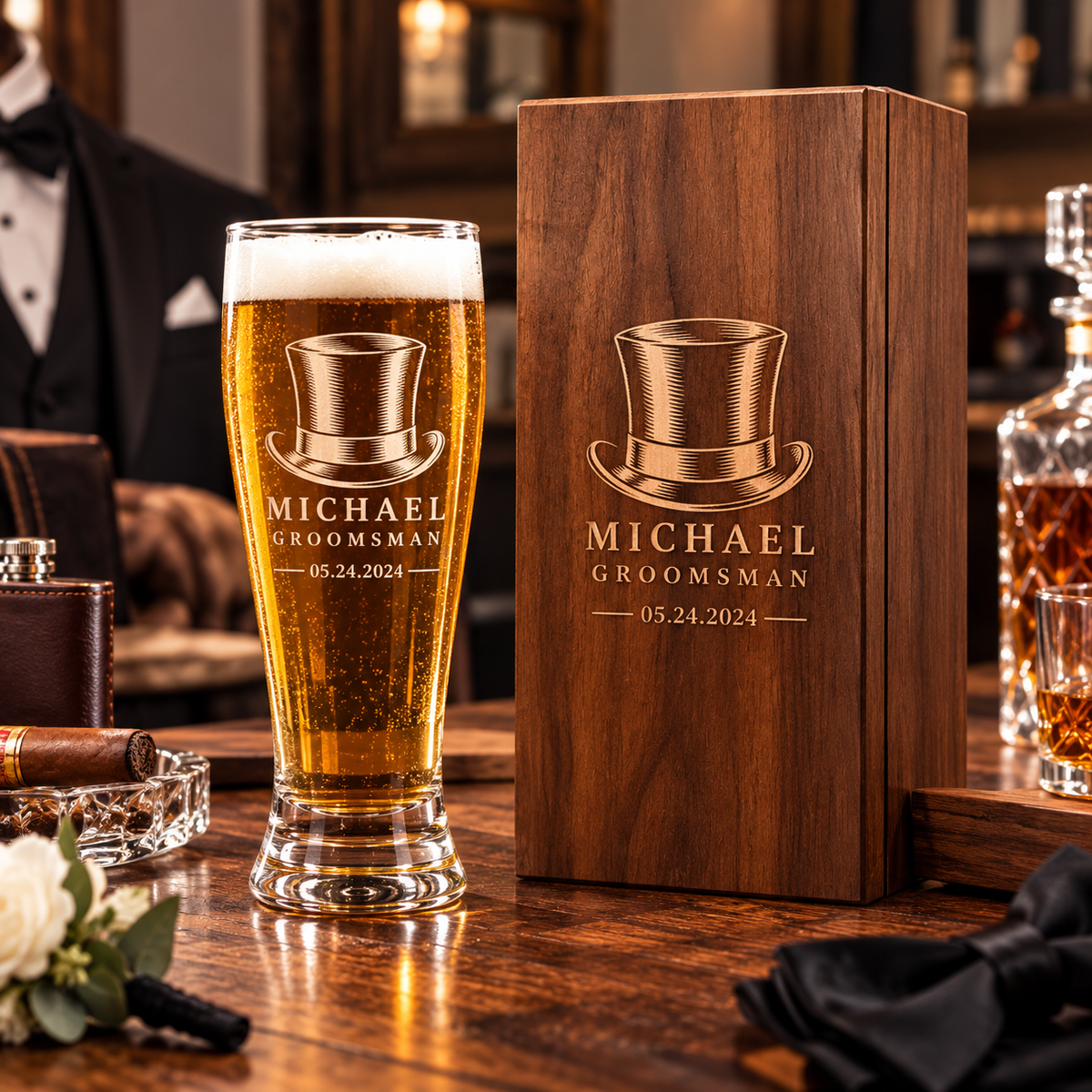 Personalized Groomsmen Gift Set, Engraved Pilsner Beer Glass, Custom Wood Gift Box & Bottle Opener, Best Man Wedding Gift