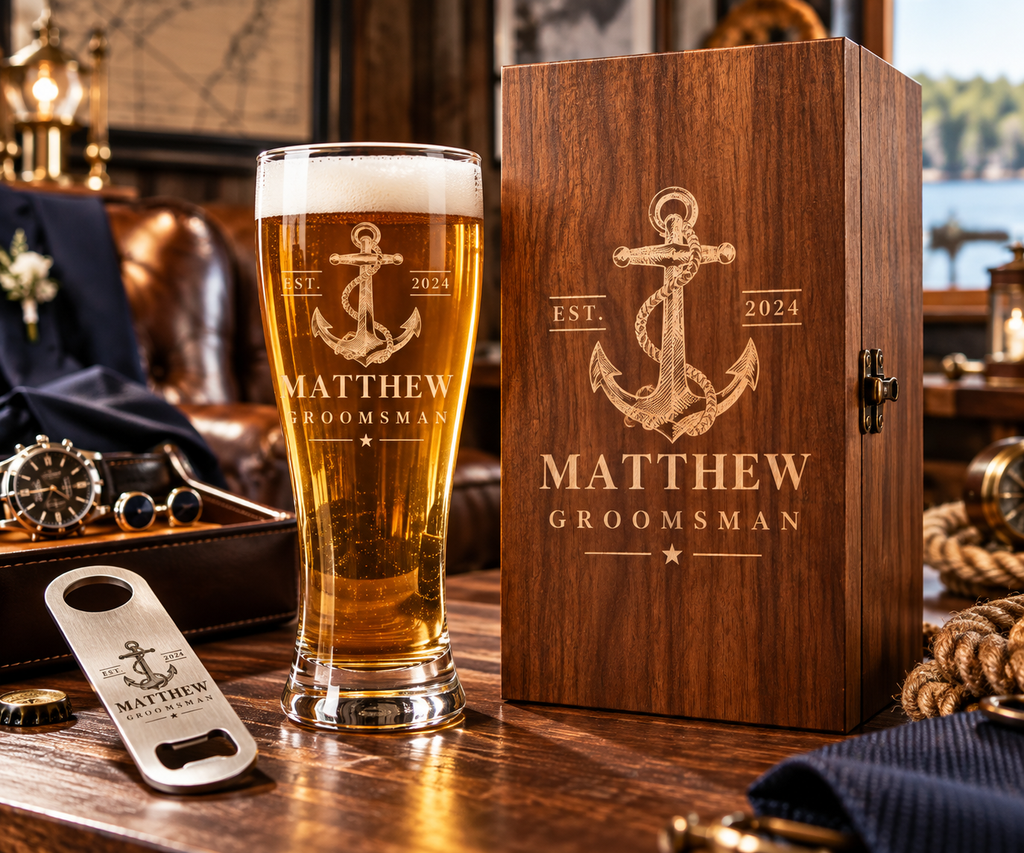 Personalized Groomsmen Gift Set, Engraved Pilsner Beer Glass, Custom Wood Gift Box & Bottle Opener, Best Man Wedding Gift