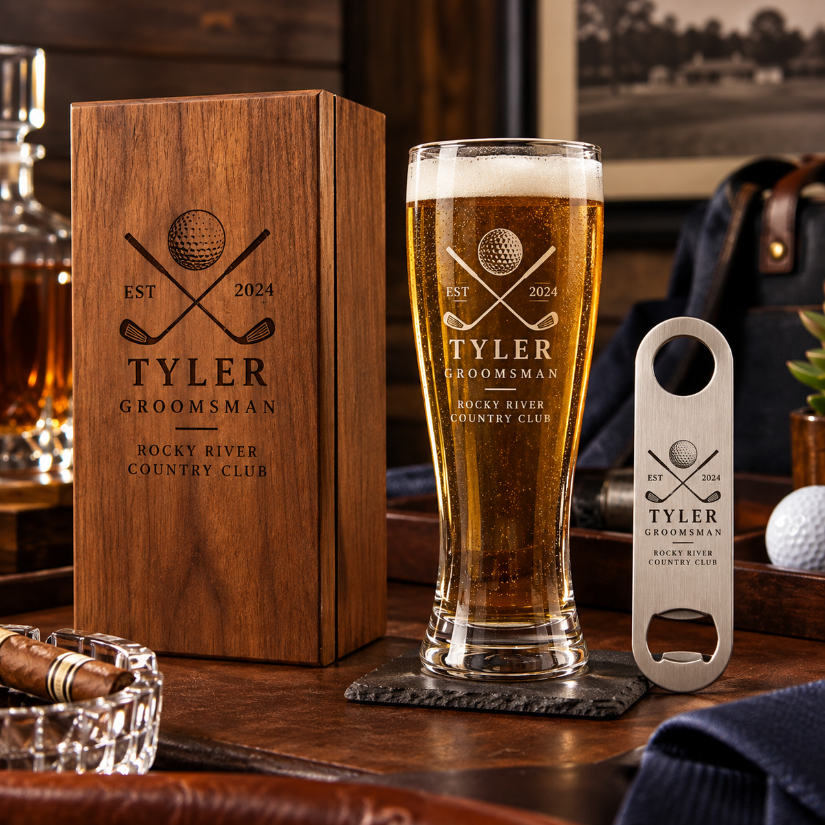 Personalized Groomsmen Gift Set, Engraved Pilsner Beer Glass, Custom Wood Gift Box & Bottle Opener, Best Man Wedding Gift