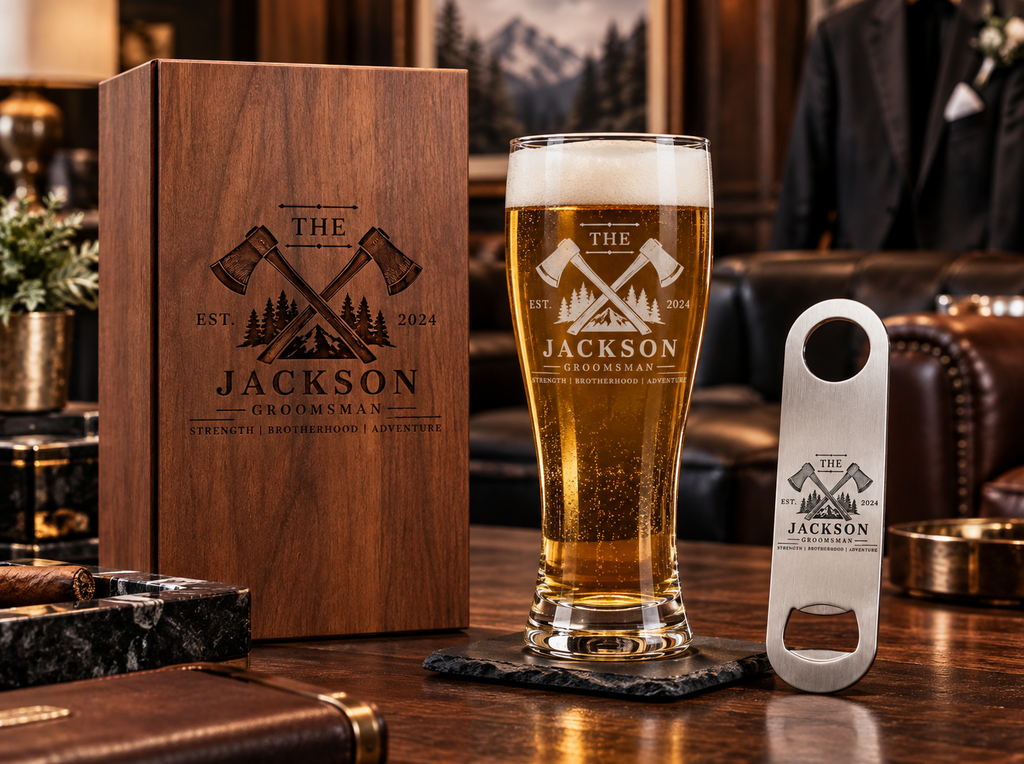 Personalized Groomsmen Gift Set, Engraved Pilsner Beer Glass, Custom Wood Gift Box & Bottle Opener, Best Man Wedding Gift