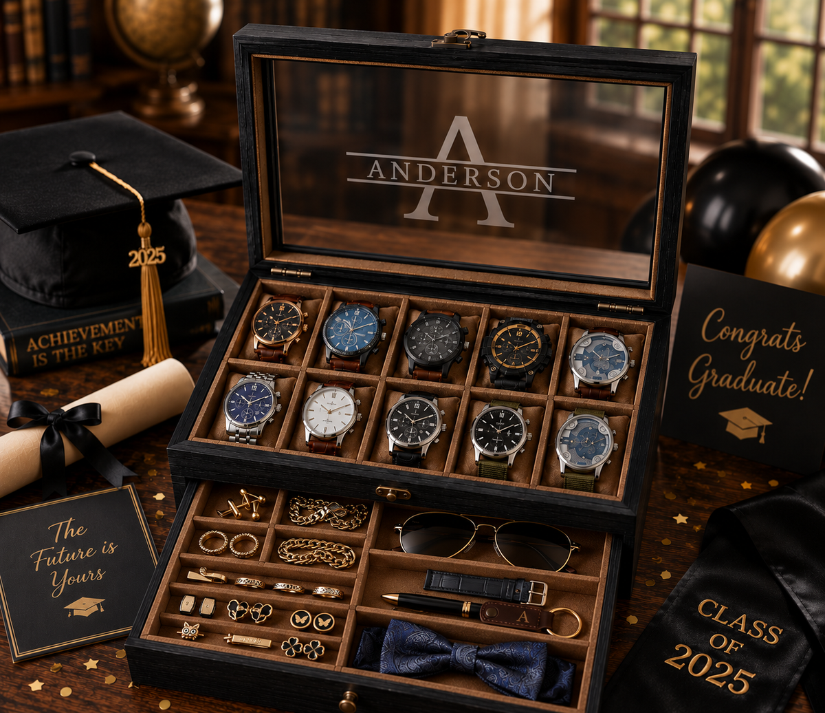 Personalized Wooden Watch Box for Men, 10 Slot Watch Case with Accessory Drawer, Engraved Watch Organizer, Anniversary Gift for Him