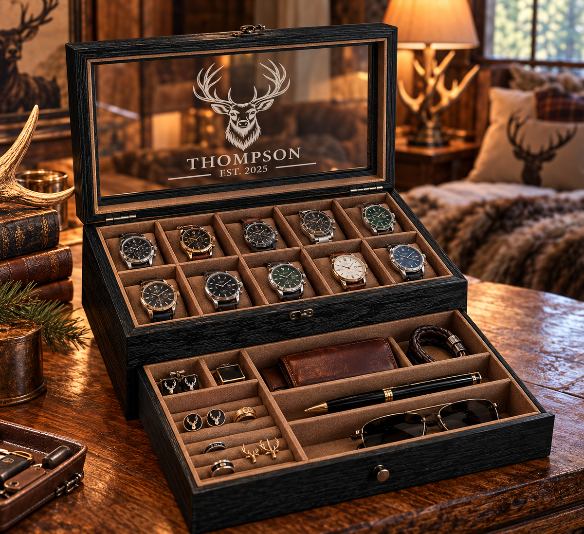 Personalized Wooden Watch Box for Men, 10 Slot Watch Case with Accessory Drawer, Engraved Watch Organizer, Anniversary Gift for Him