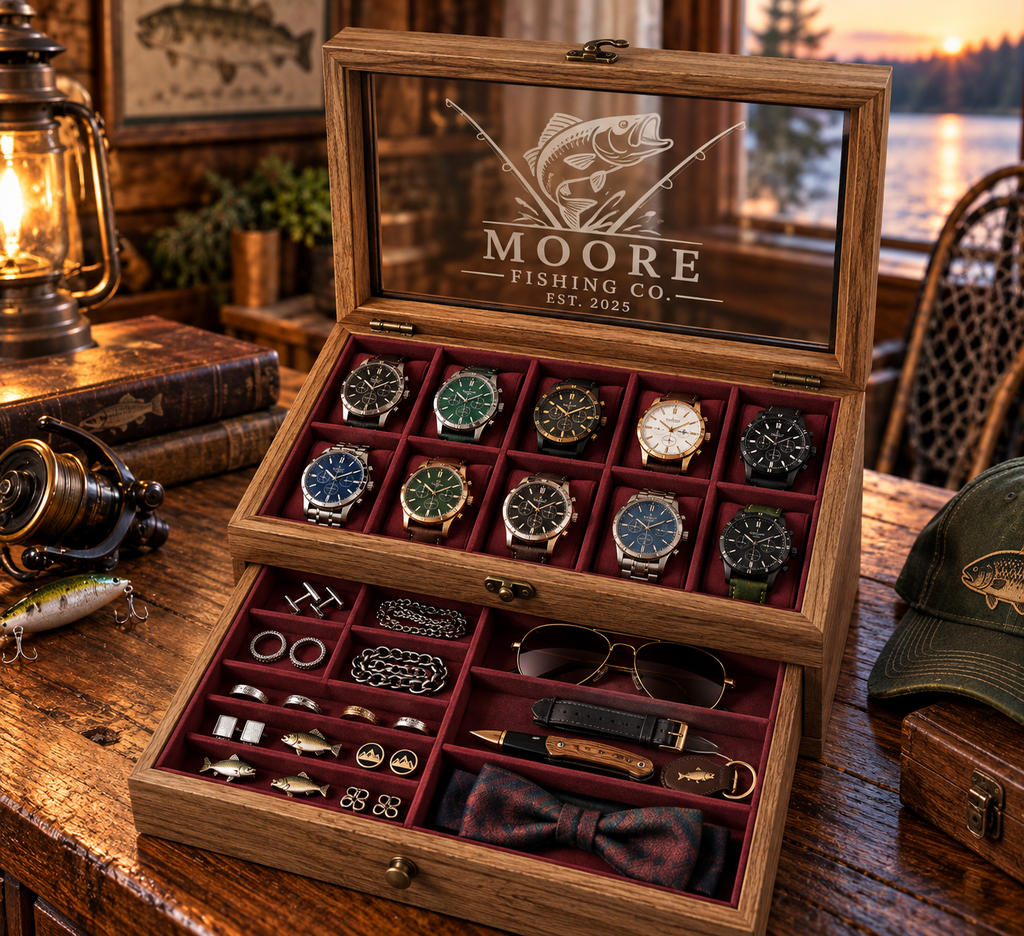 Personalized Wooden Watch Box for Men, 10 Slot Watch Case with Accessory Drawer, Engraved Watch Organizer, Anniversary Gift for Him