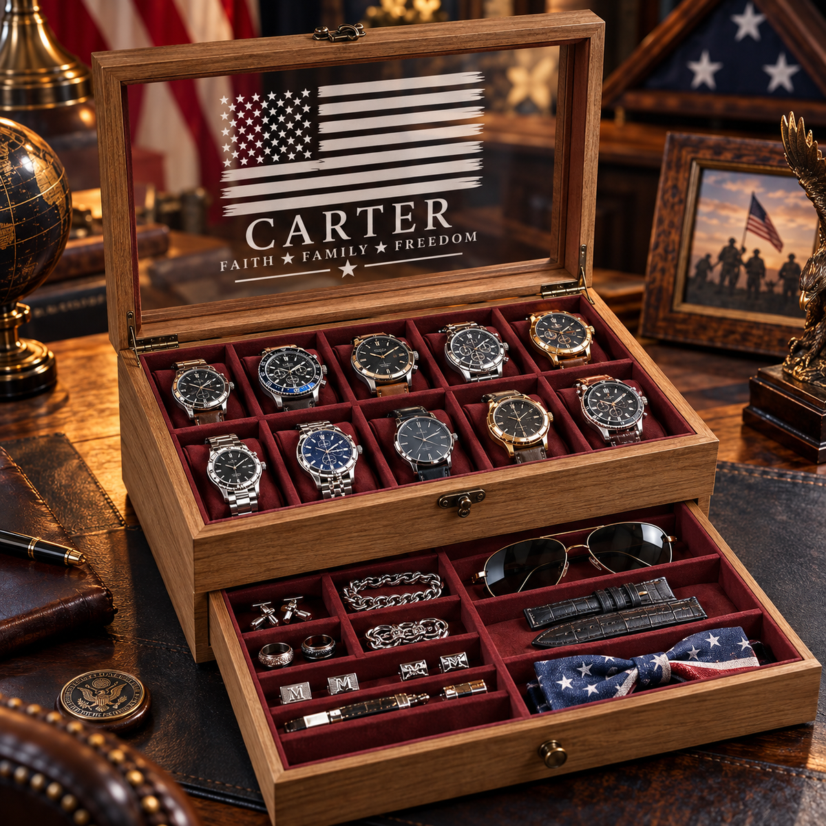 Personalized Wooden Watch Box for Men, 10 Slot Watch Case with Accessory Drawer, Engraved Watch Organizer, Anniversary Gift for Him