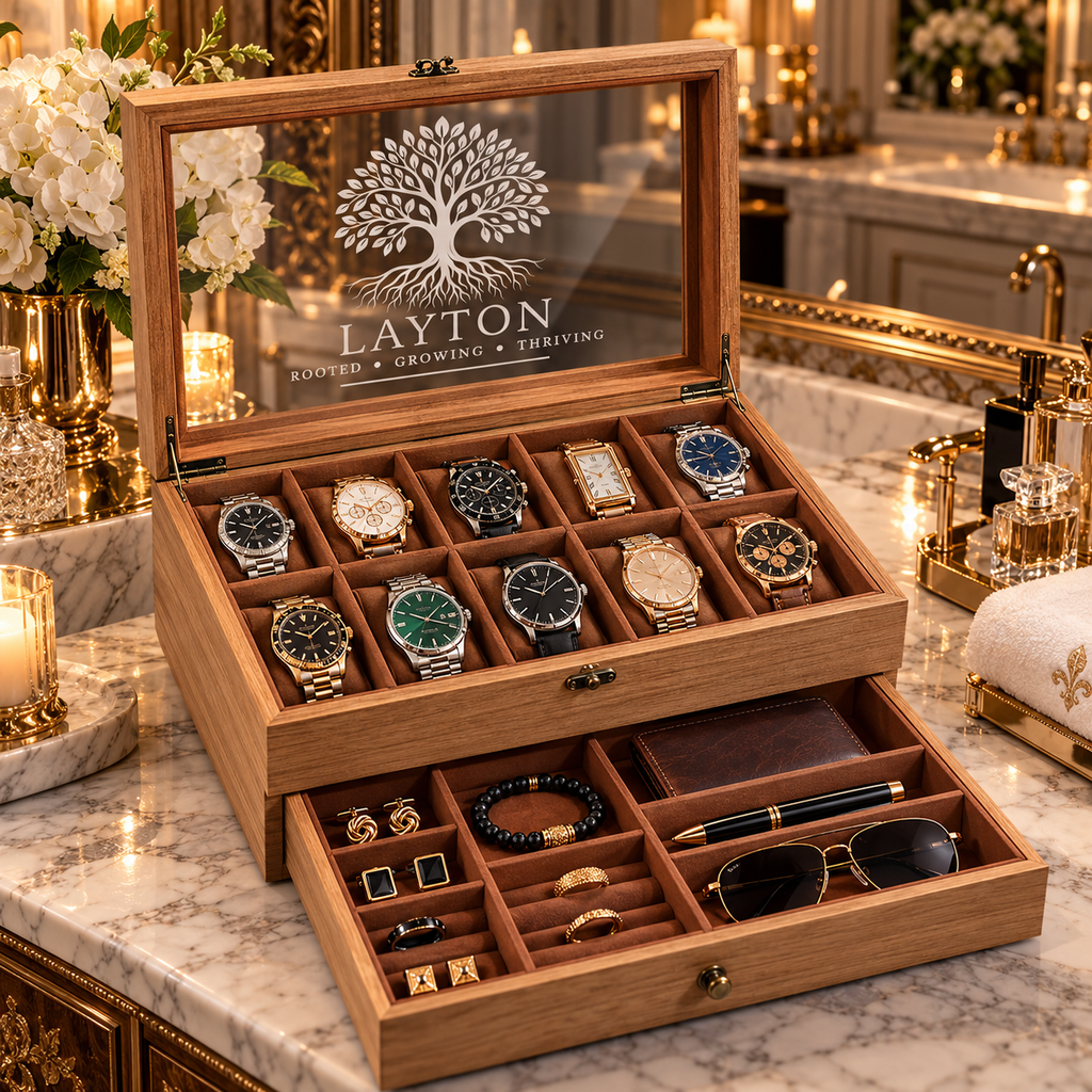Personalized Wooden Watch Box for Men, 10 Slot Watch Case with Accessory Drawer, Engraved Watch Organizer, Anniversary Gift for Him