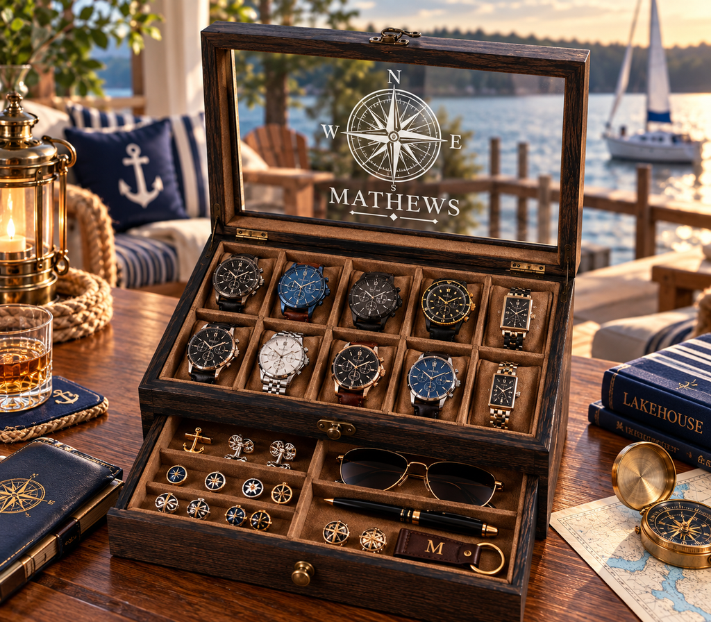 Personalized Wooden Watch Box for Men, 10 Slot Watch Case with Accessory Drawer, Engraved Watch Organizer, Anniversary Gift for Him