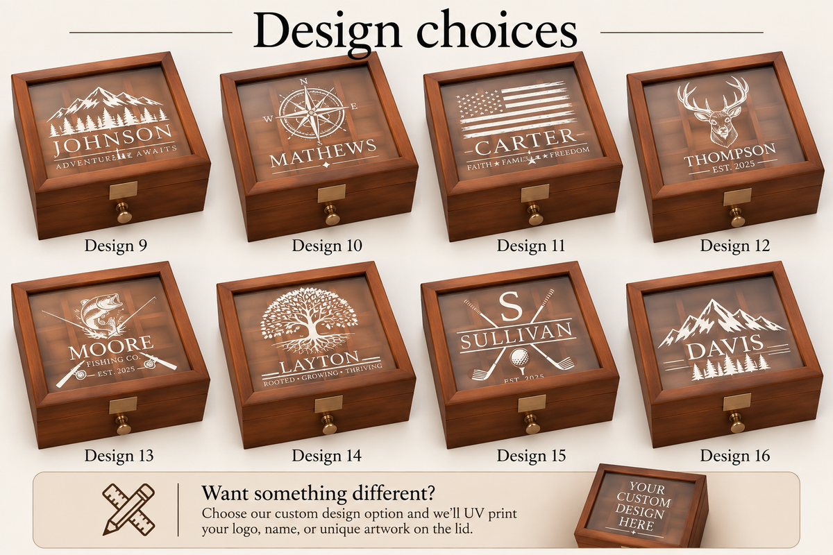 Personalized Wooden Watch Box with UV Printed Acrylic Lid, Custom Watch Case & Jewelry Organizer, Engraved Style Gift for Him