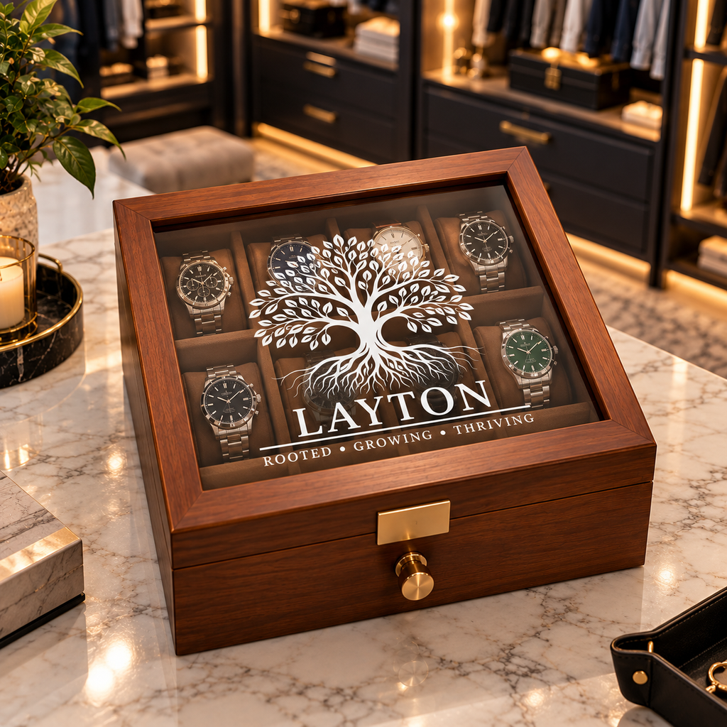 Personalized Wooden Watch Box with UV Printed Acrylic Lid, Custom Watch Case & Jewelry Organizer, Engraved Style Gift for Him