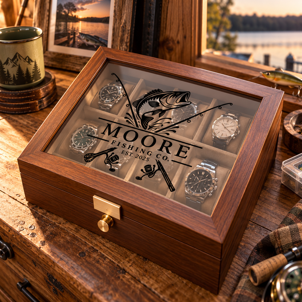 Personalized Wooden Watch Box with UV Printed Acrylic Lid, Custom Watch Case & Jewelry Organizer, Engraved Style Gift for Him
