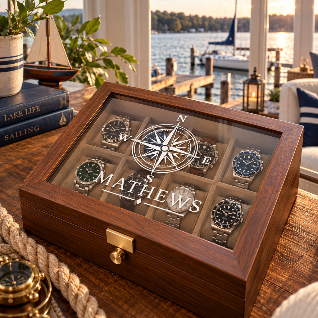 Personalized Wooden Watch Box with UV Printed Acrylic Lid, Custom Watch Case & Jewelry Organizer, Engraved Style Gift for Him