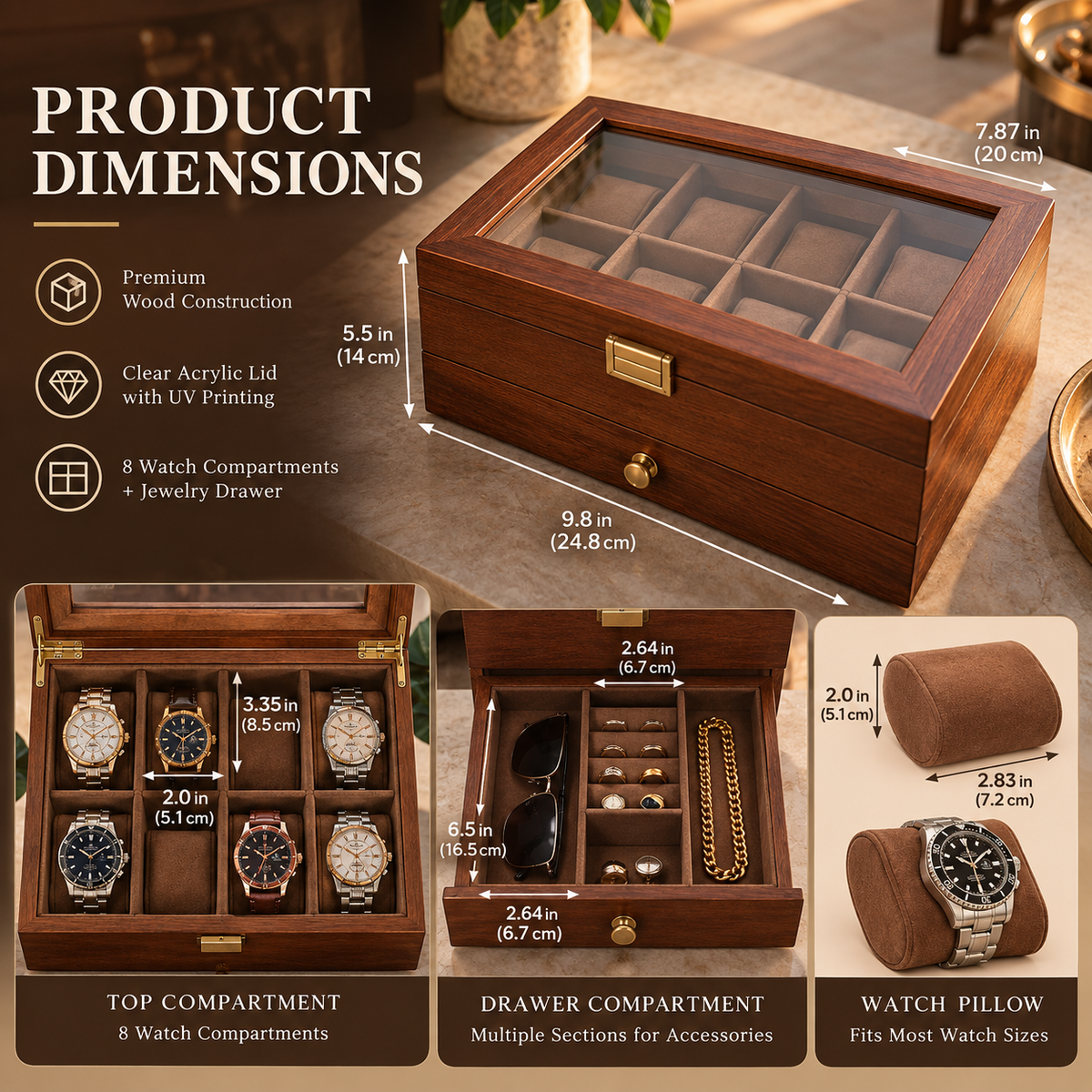 Personalized Wooden Watch Box with UV Printed Acrylic Lid, Custom Watch Case & Jewelry Organizer, Engraved Style Gift for Him