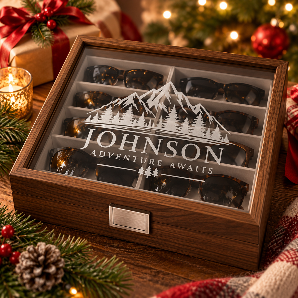 Custom Engraved Wooden Glasses Storage Box With Name Or Monogram - Personalized Sunglasses Organizer Gift For Him Or Her