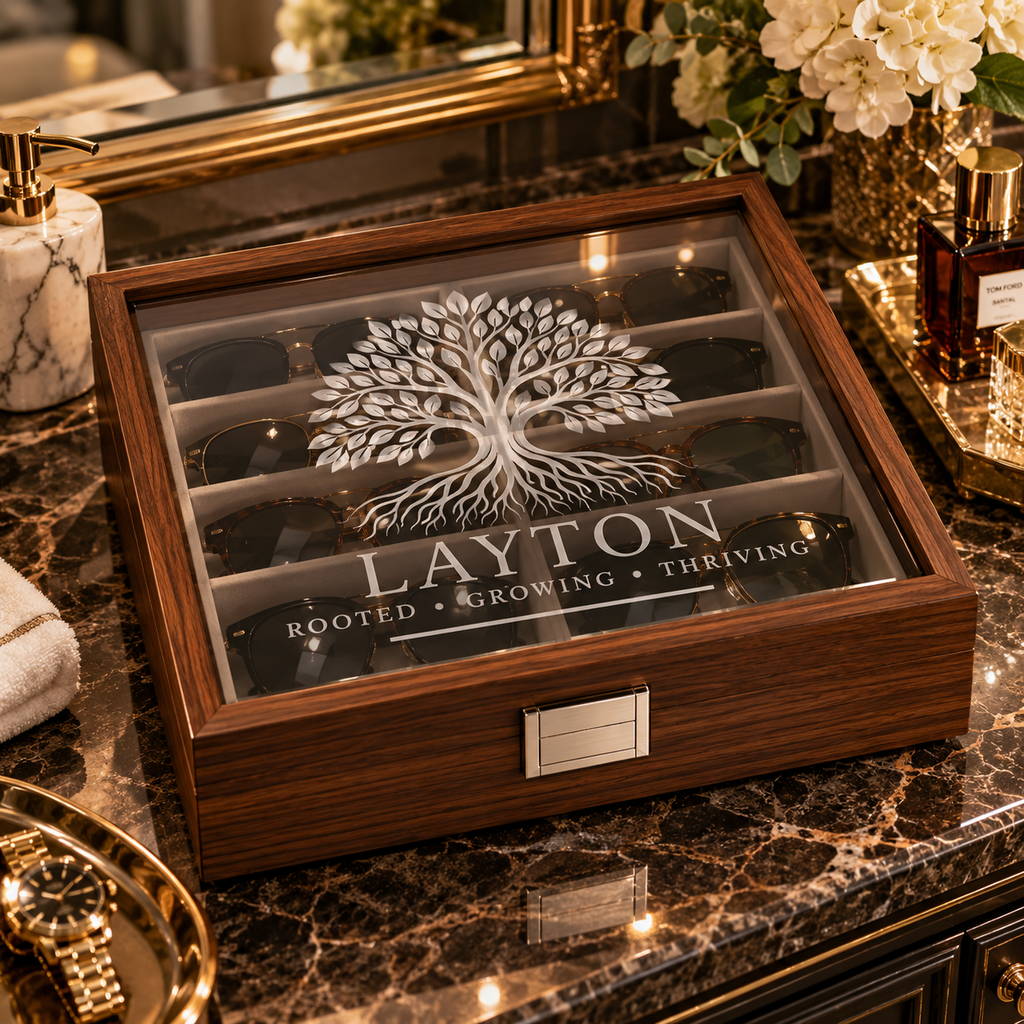 Custom Engraved Wooden Glasses Storage Box With Name Or Monogram - Personalized Sunglasses Organizer Gift For Him Or Her