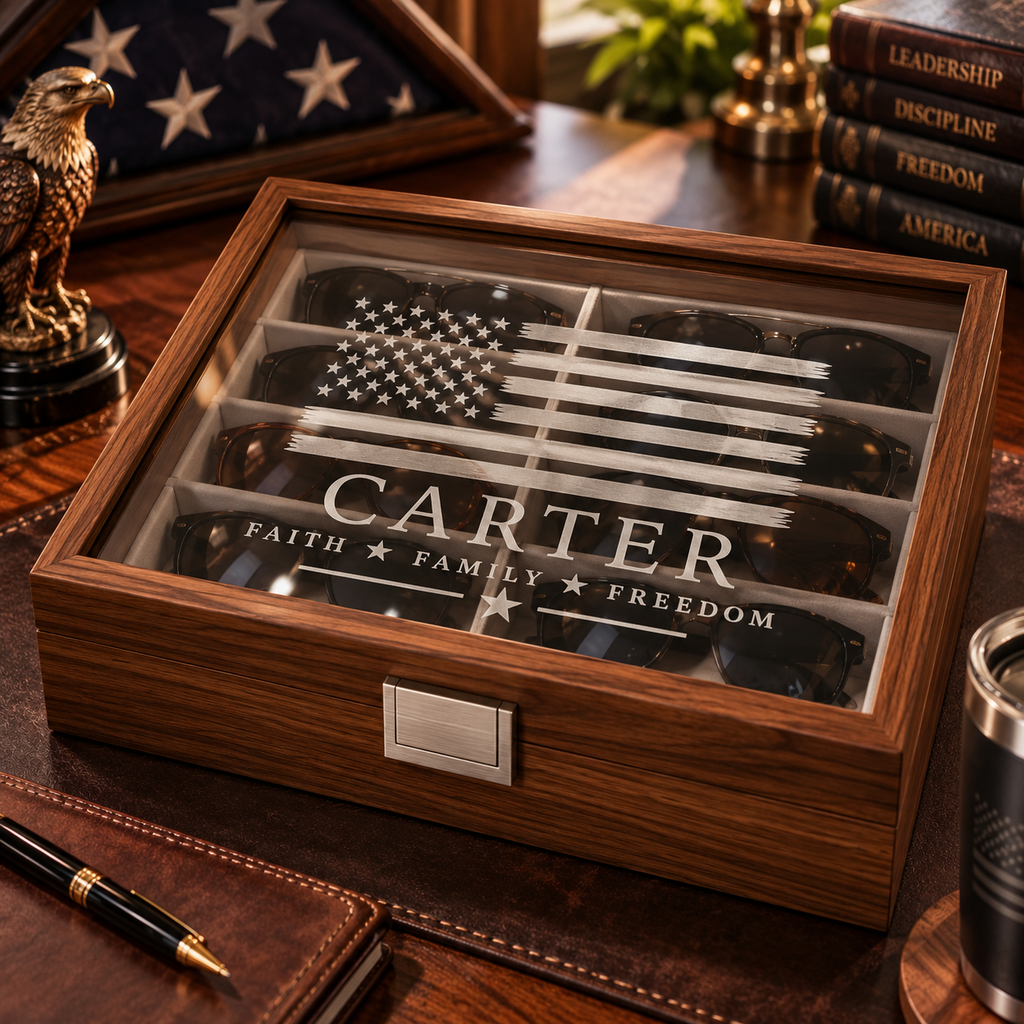 Custom Engraved Wooden Glasses Storage Box With Name Or Monogram - Personalized Sunglasses Organizer Gift For Him Or Her