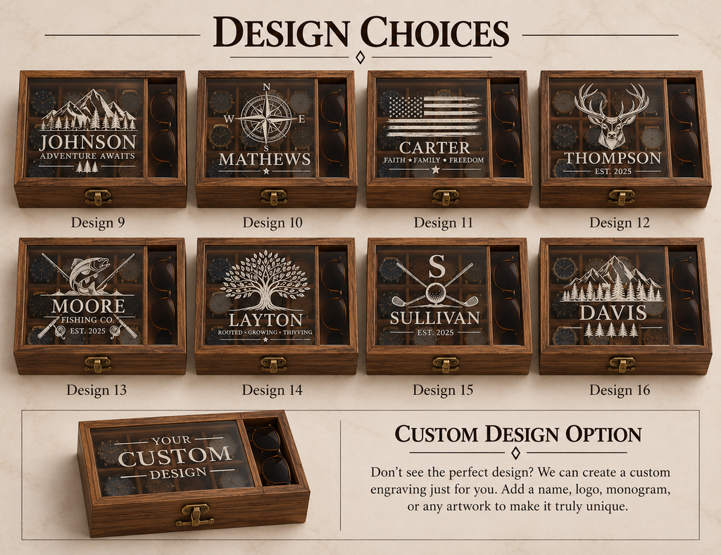Luxury Personalized Wooden Watch Box for Men, Engraved Watch Case with Drawer, Sunglasses & Jewelry Organizer, Anniversary Gift for Him