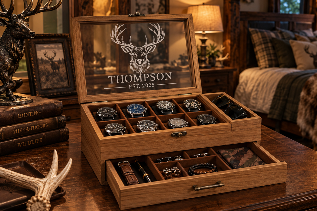 Luxury Personalized Wooden Watch Box for Men, Engraved Watch Case with Drawer, Sunglasses & Jewelry Organizer, Anniversary Gift for Him