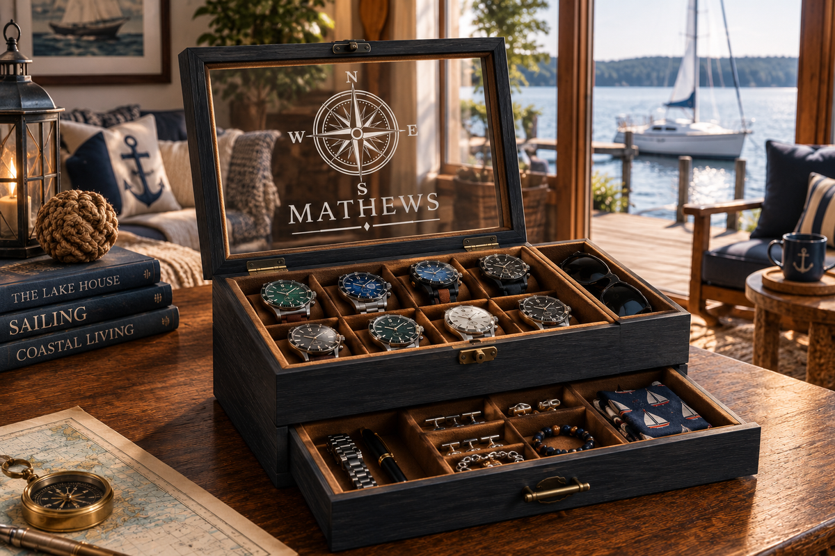 Luxury Personalized Wooden Watch Box for Men, Engraved Watch Case with Drawer, Sunglasses & Jewelry Organizer, Anniversary Gift for Him