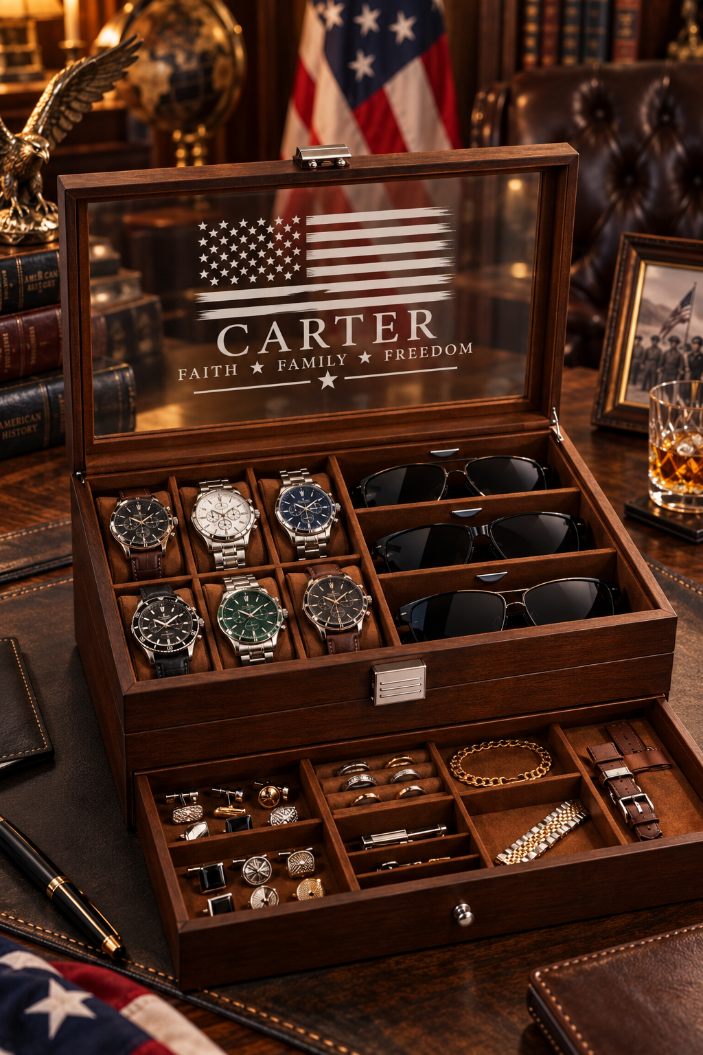 Custom Engraved Watch Sunglass Jewelry Box for Men with Name or Monogram – Wooden Personalized Organizer Gift for Him Husband Dad