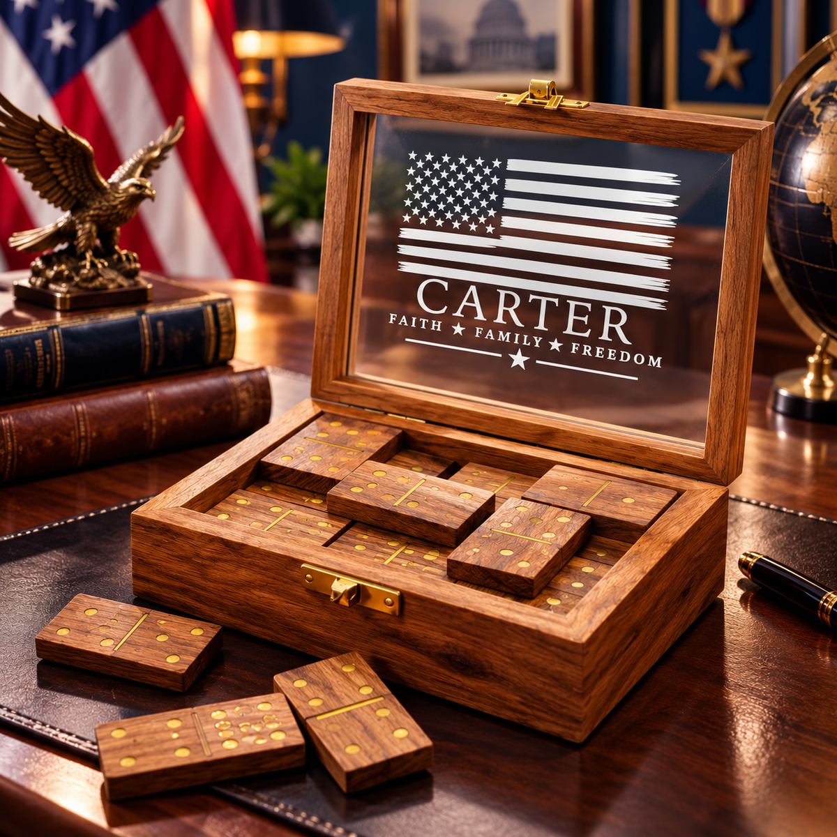 Handmade Acacia Wood Domino Set with Gold Inlay in Clear Lid Display Box – Unique Personalized Gift for Him, Dad, Weddings or Holidays