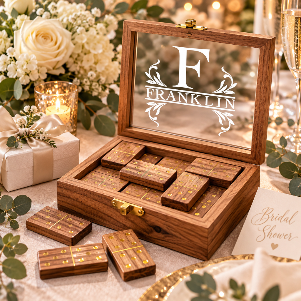 Handmade Acacia Wood Domino Set with Gold Inlay in Clear Lid Display Box – Unique Personalized Gift for Him, Dad, Weddings or Holidays