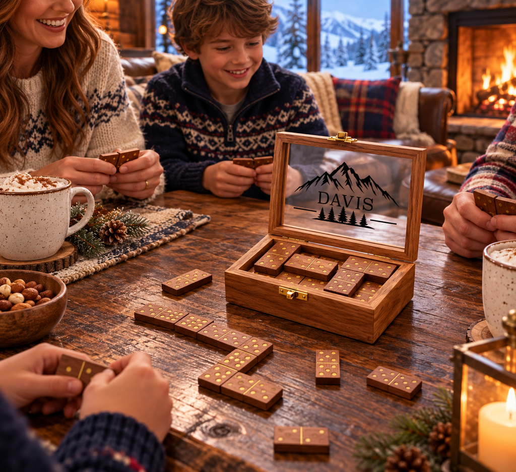 Handmade Acacia Wood Domino Set with Gold Inlay in Clear Lid Display Box – Unique Personalized Gift for Him, Dad, Weddings or Holidays