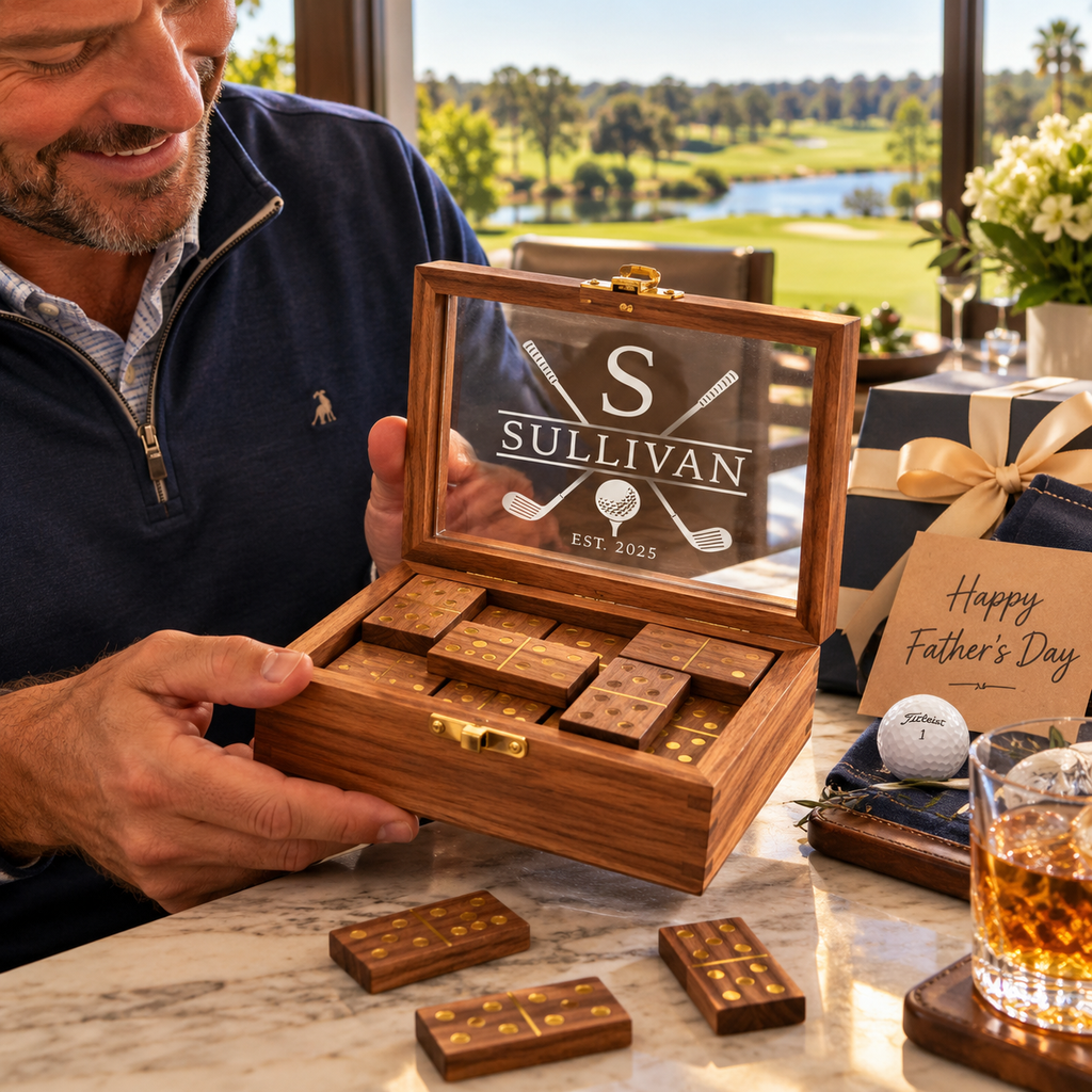 Handmade Acacia Wood Domino Set with Gold Inlay in Clear Lid Display Box – Unique Personalized Gift for Him, Dad, Weddings or Holidays