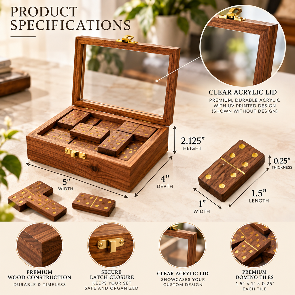 Handmade Acacia Wood Domino Set with Gold Inlay in Clear Lid Display Box – Unique Personalized Gift for Him, Dad, Weddings or Holidays