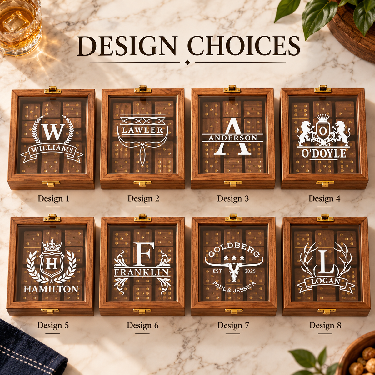 Handmade Acacia Wood Domino Set with Gold Inlay in Clear Lid Display Box – Unique Personalized Gift for Him, Dad, Weddings or Holidays