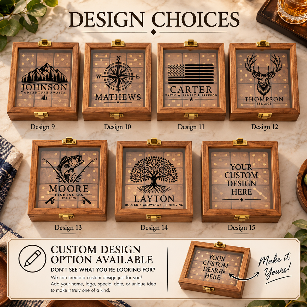Handmade Acacia Wood Domino Set with Gold Inlay in Clear Lid Display Box – Unique Personalized Gift for Him, Dad, Weddings or Holidays