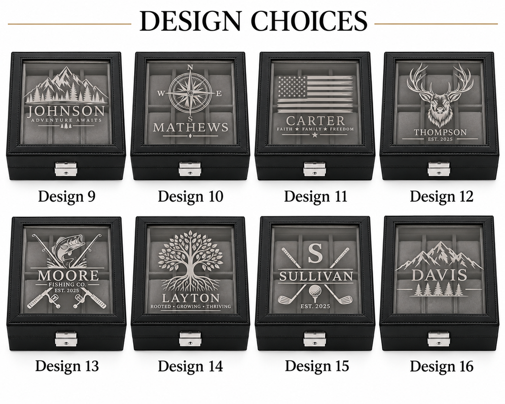 Personalized Black Leather Watch Box for Men, Custom Engraved Jewelry Organizer, 8 Slot Watch Case, Anniversary & Groomsmen Gift