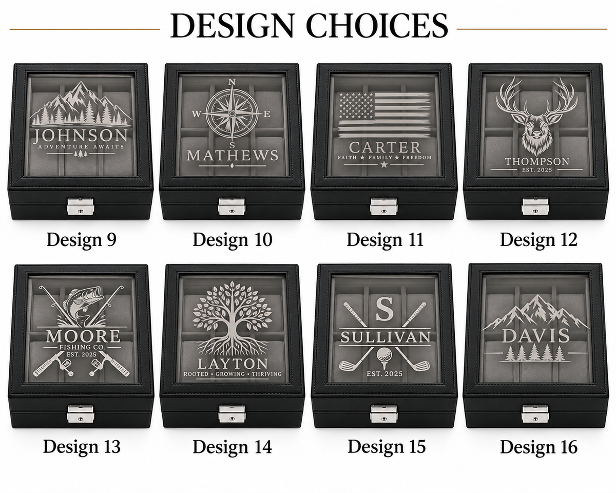Personalized Black Leather Watch Box for Men, Custom Engraved Jewelry Organizer, 8 Slot Watch Case, Anniversary & Groomsmen Gift