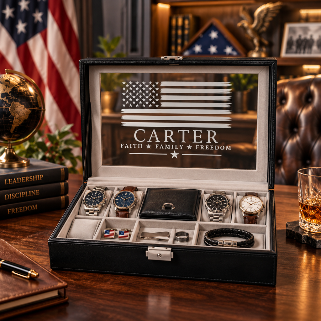Personalized Black Leather Watch Box for Men, Custom Engraved Jewelry Organizer, 8 Slot Watch Case, Anniversary & Groomsmen Gift