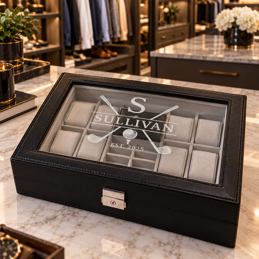 Personalized Black Leather Watch Box for Men, Custom Engraved Jewelry Organizer, 8 Slot Watch Case, Anniversary & Groomsmen Gift