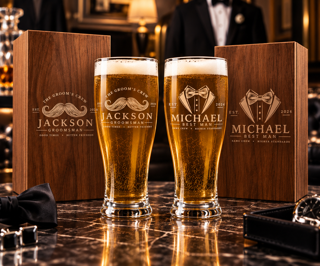 Personalized Groomsmen Gift Set, Engraved Pilsner Beer Glass, Custom Wood Gift Box & Bottle Opener, Best Man Wedding Gift