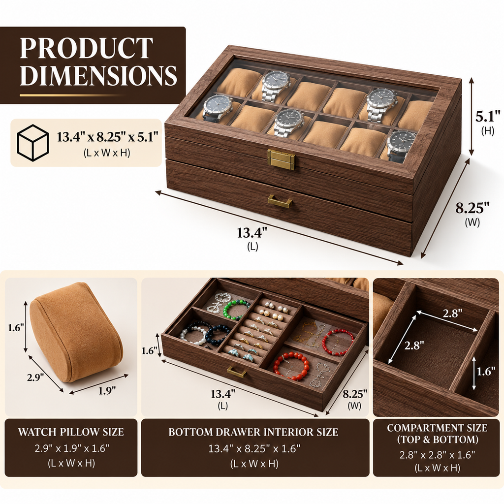 Personalized Watch & Jewelry Box for Men, Custom Engraved Style Watch Case with Glass Display Lid, Drawer & 10 Watch Slots
