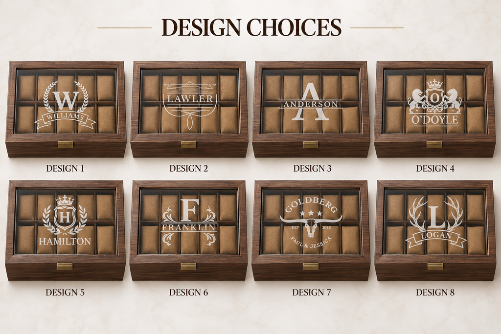 Personalized Watch & Jewelry Box for Men, Custom Engraved Style Watch Case with Glass Display Lid, Drawer & 10 Watch Slots