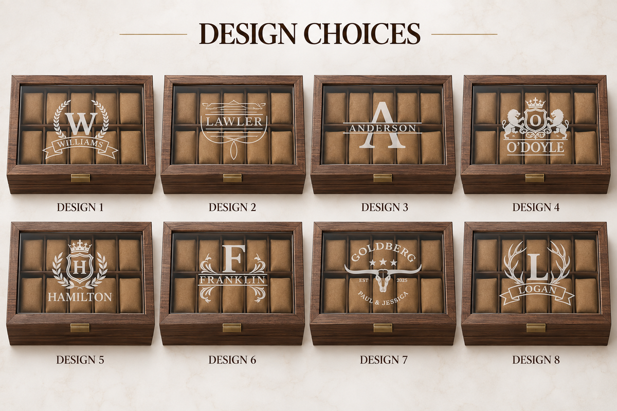 Personalized Watch & Jewelry Box for Men, Custom Engraved Style Watch Case with Glass Display Lid, Drawer & 10 Watch Slots