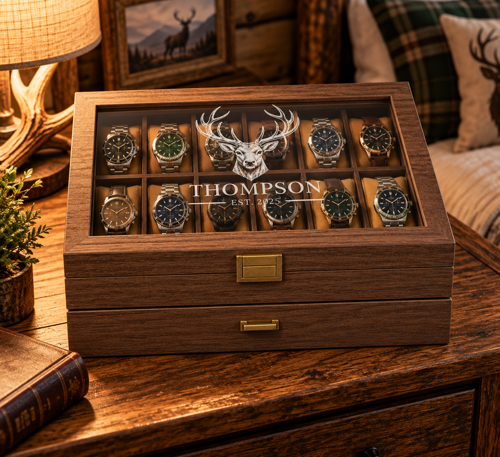 Personalized Watch & Jewelry Box for Men, Custom Engraved Style Watch Case with Glass Display Lid, Drawer & 10 Watch Slots